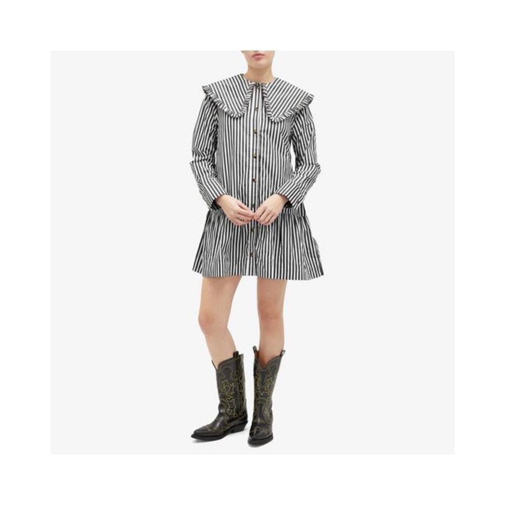 Ganni Organic Cotton Stripe Mini Shirt Dress Sailor Collar 38/US 6 Black White - Picture 15 of 15